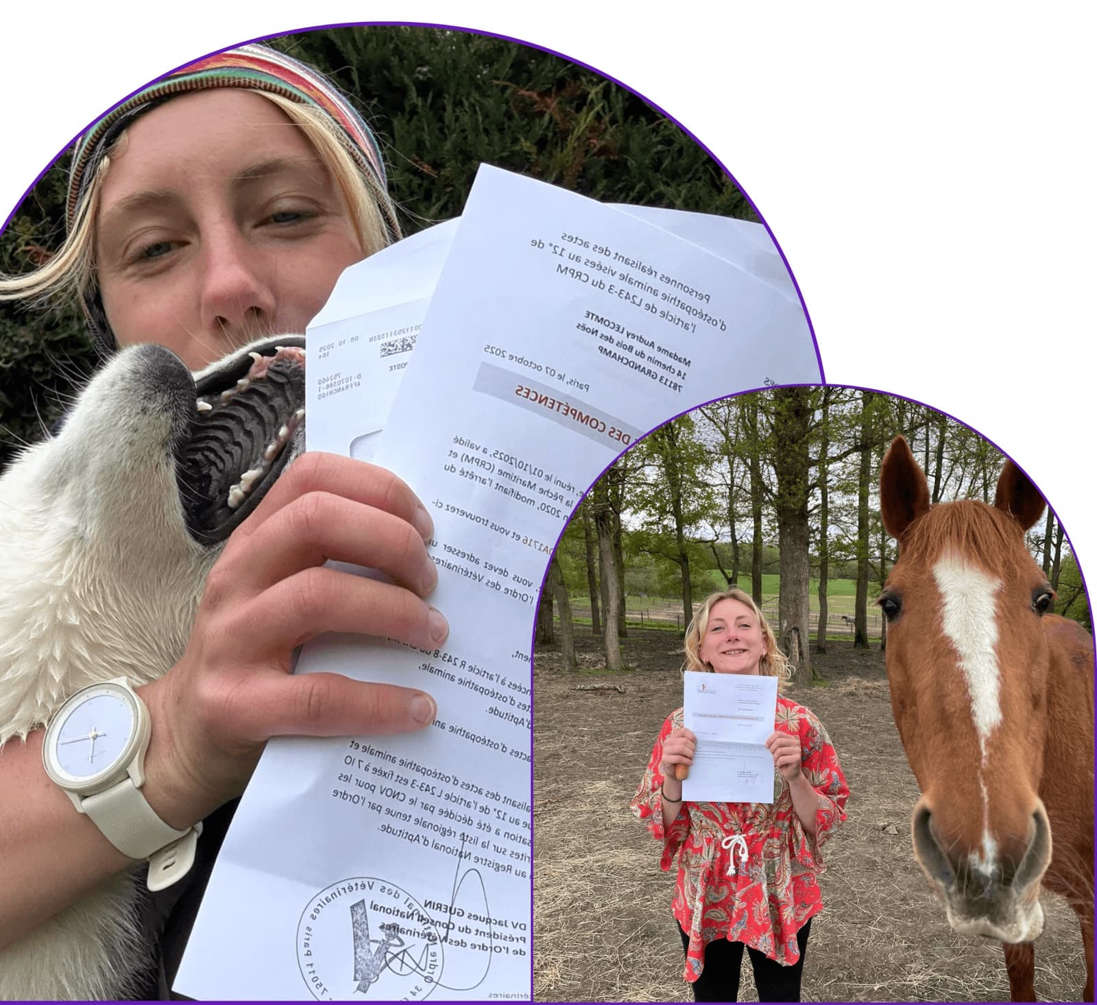 Audrey Lecomte présente son diplôme d'ostéopathie animale, entourée de son chien et d'un cheval