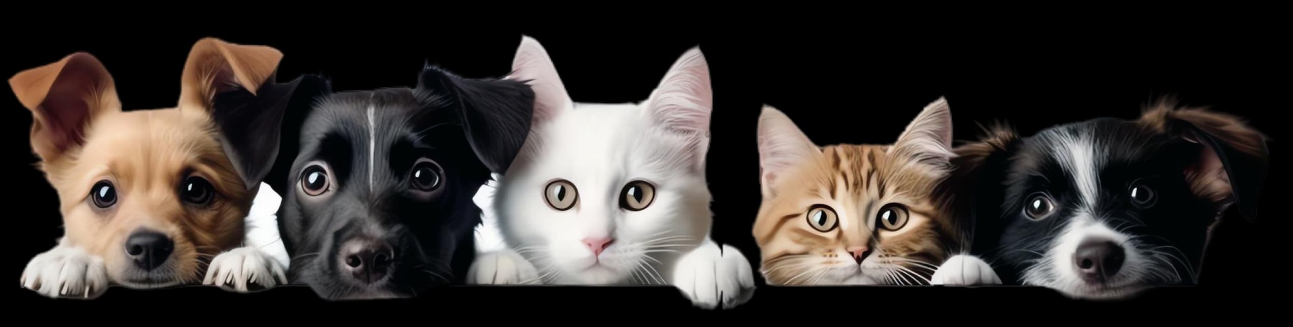 Chiens et chats côte à côte derrière un rebord blanc